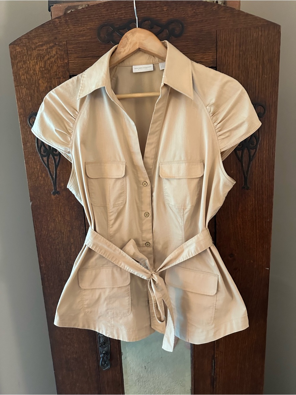 New York & Co Khaki Button-Front Utility Shirt with Tie Waist Size L Safari Work